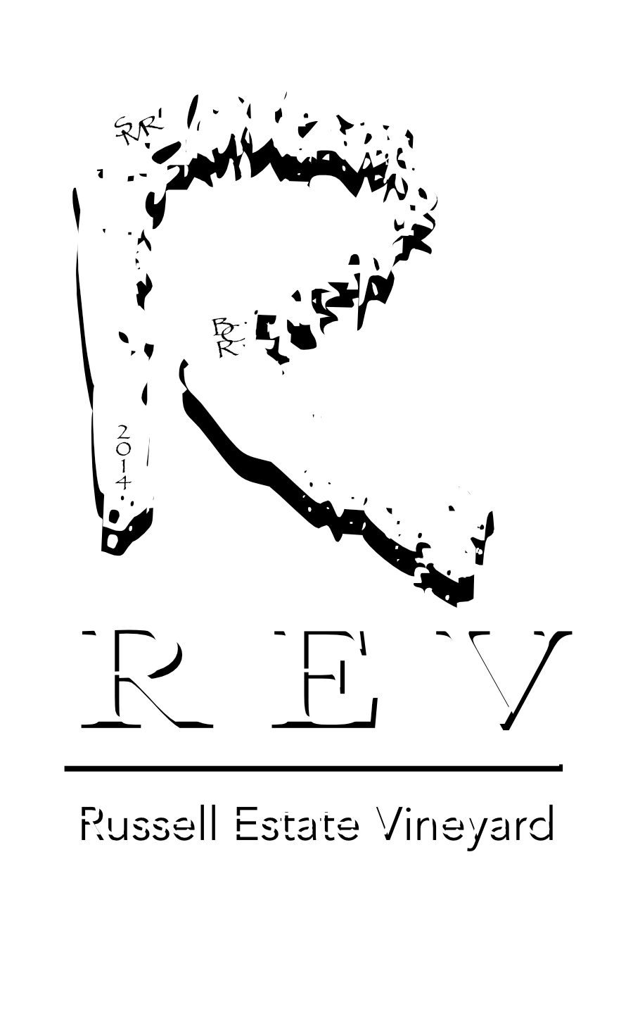 Logo of Russell Estate Vineyard with a stylized vine and 'REV' text on a white background